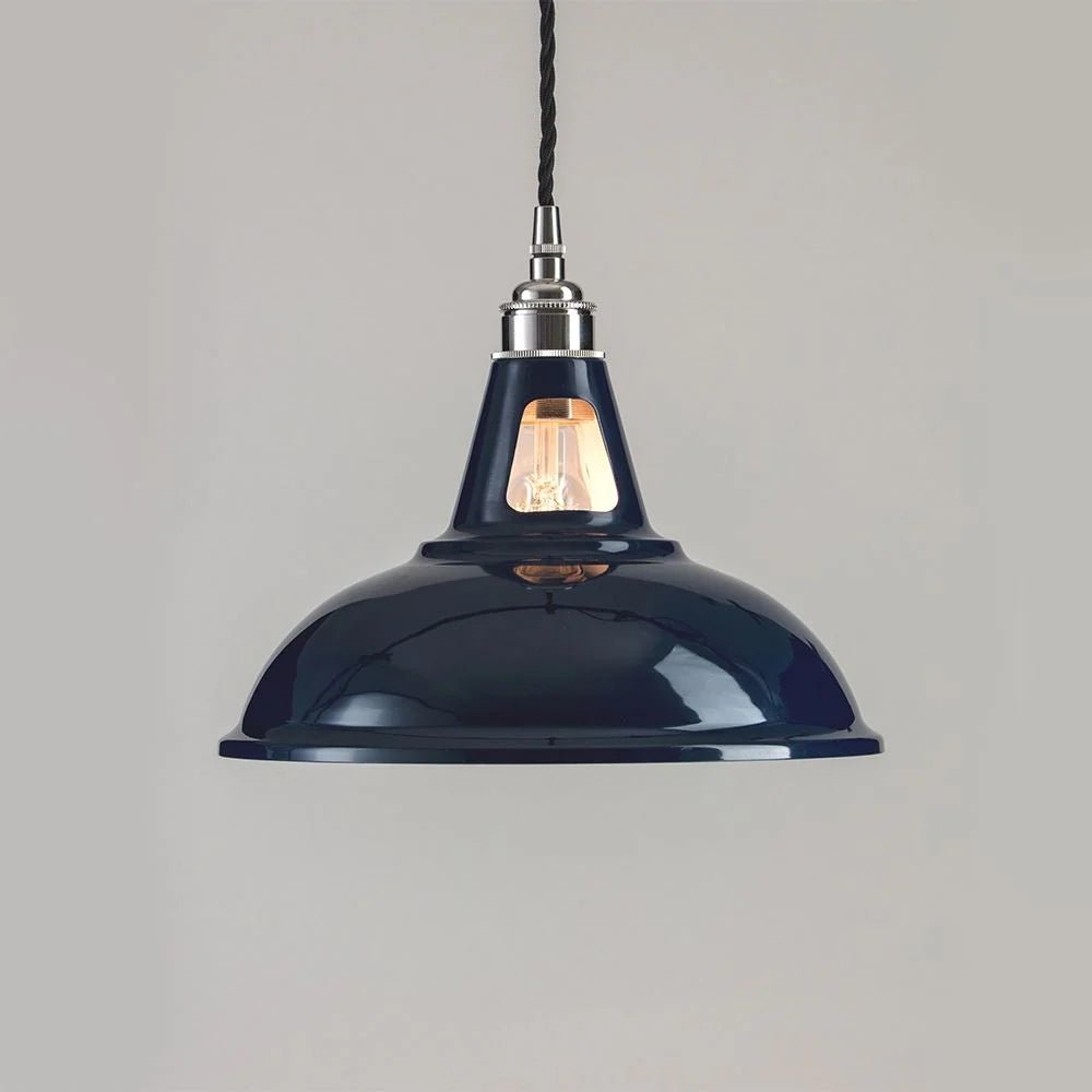 Old School Electric Factory Pendant Light - Blue - White Interior - Polished Nickel