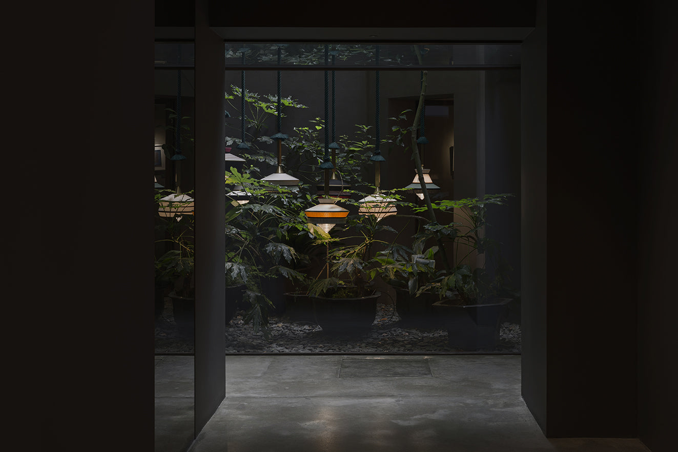 Contardi Calypso Suspension Lamp - Matt Gold Lacquered Frame Green Waterproof Braided Rope - Guadaloupe Black Shade