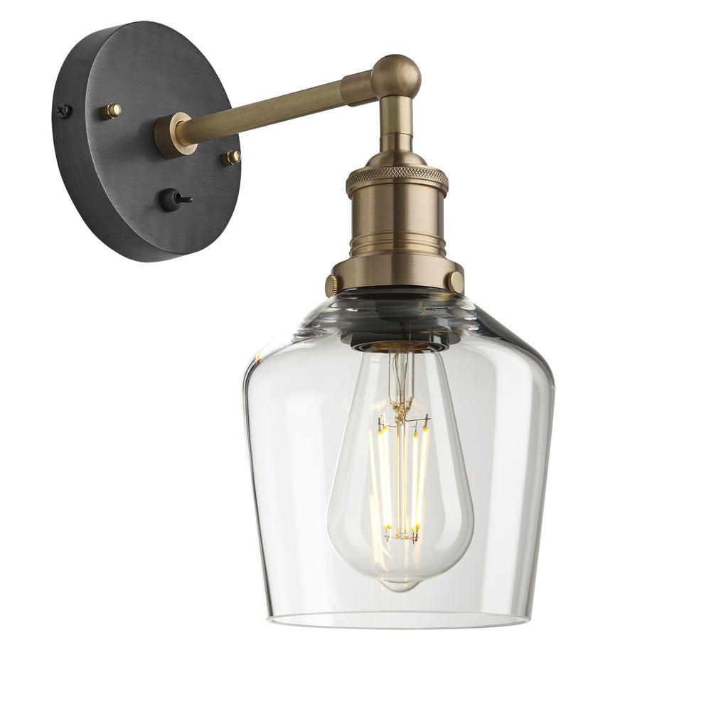 Industville - Brooklyn Wall Light - Clear Glass Schoolhouse - 5.5 Inch - Brass Wall Holder