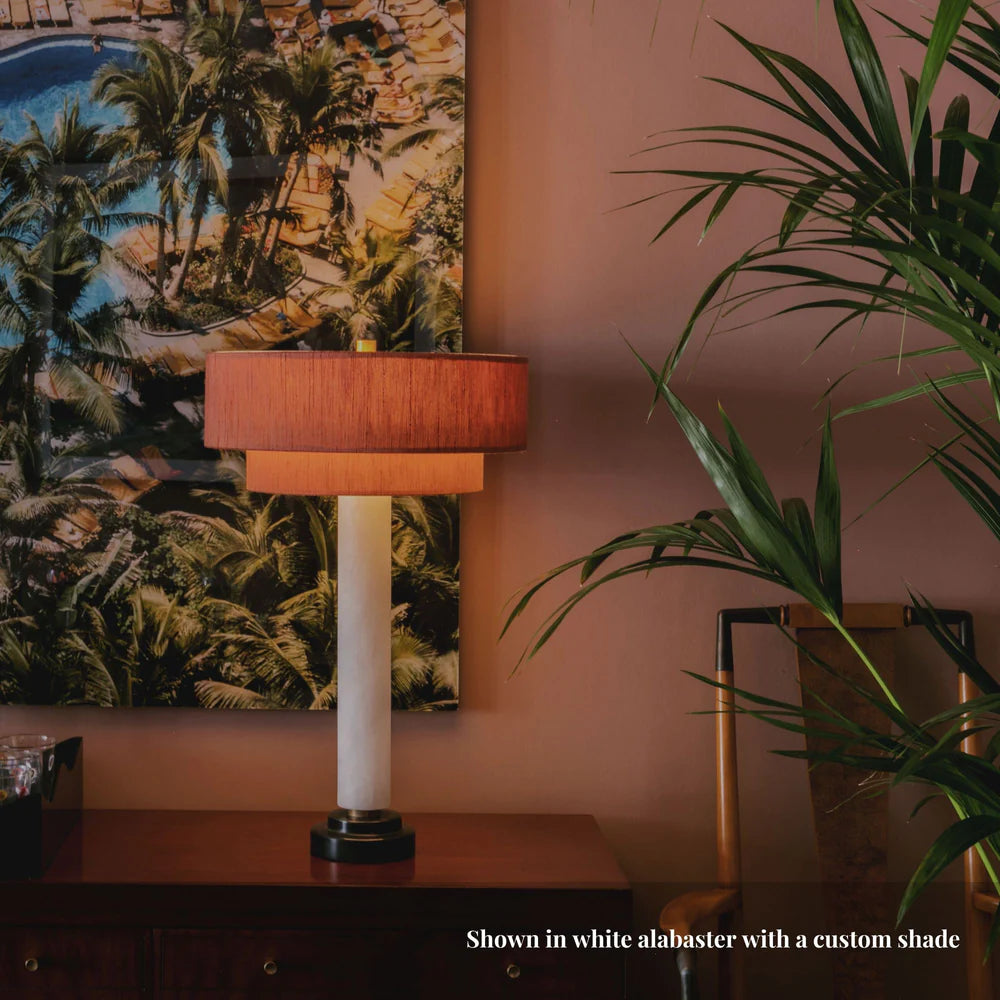 Northern Light - Crawford Table Lamp Pumpkin Shade - White Alabaster Old English Brass Finish - 16" Slim Drum Tussah Pumpkin With Black Trim Shade