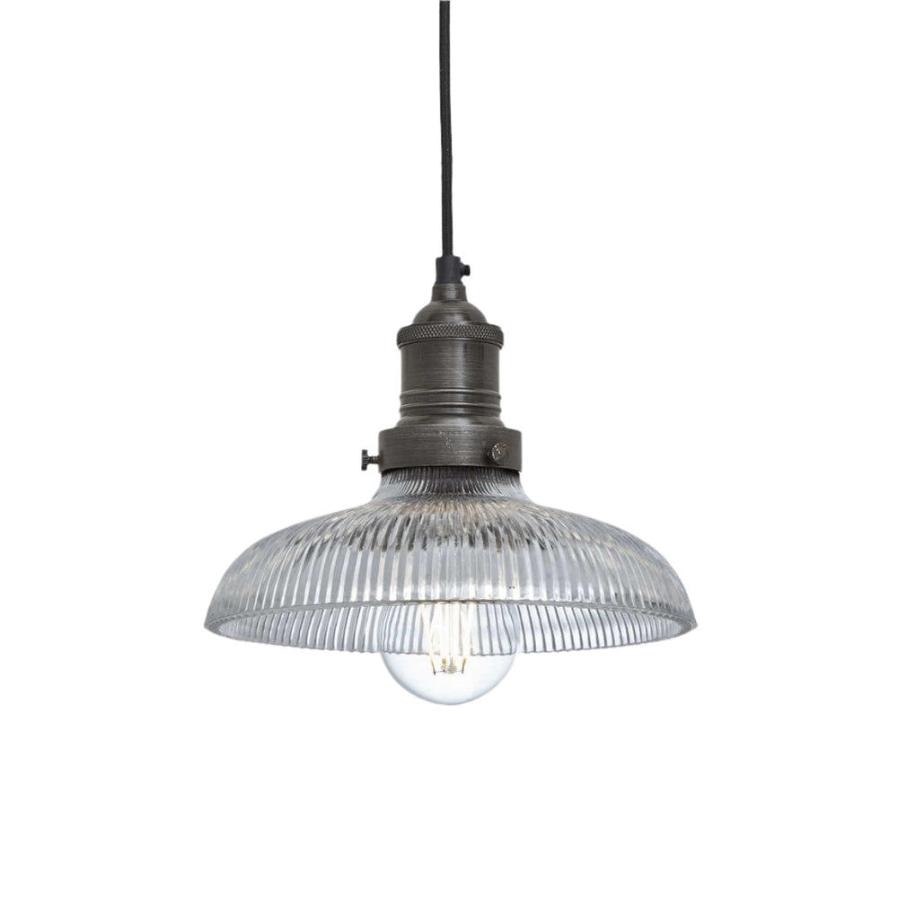 Industville - Brooklyn Pendant Light - Ribbed Glass Dome - 8 Inch - Pewter Pendant Holder