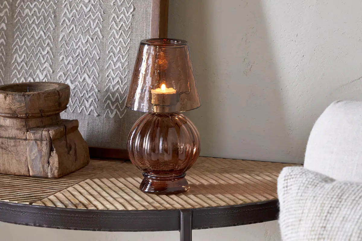 Nkuku - Adesola Glass Tealight Holder Lamp - Amber