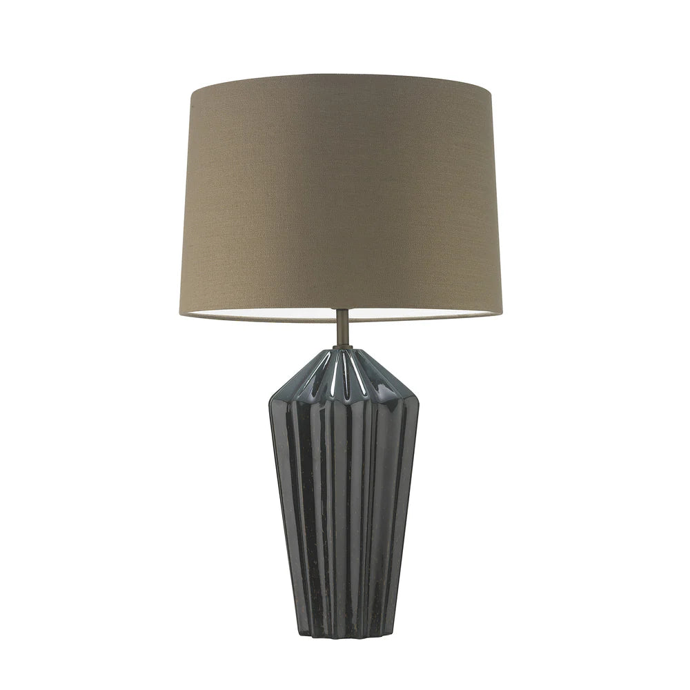 Northern Light - Avila Table Lamp - Midnight Teal Reactive Glaze Rich Bronze Finish - 16" Soho Drum Saxon Flax Linen Shade