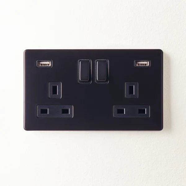 Pooky - Florence Two Gang Switched Socket and Dual USB - Black