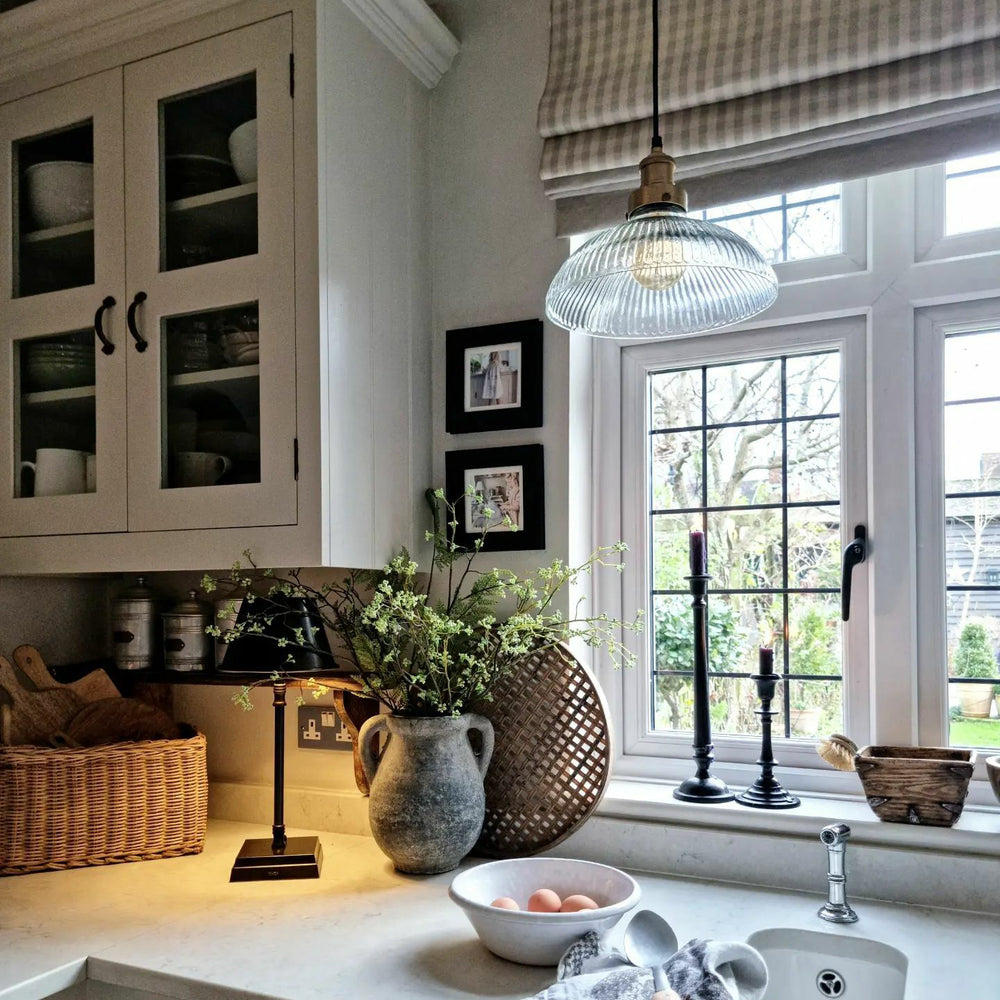 Industville - Brooklyn Pendant Light - Ribbed Glass Dome - 12 Inch - Brass Pendant Holder