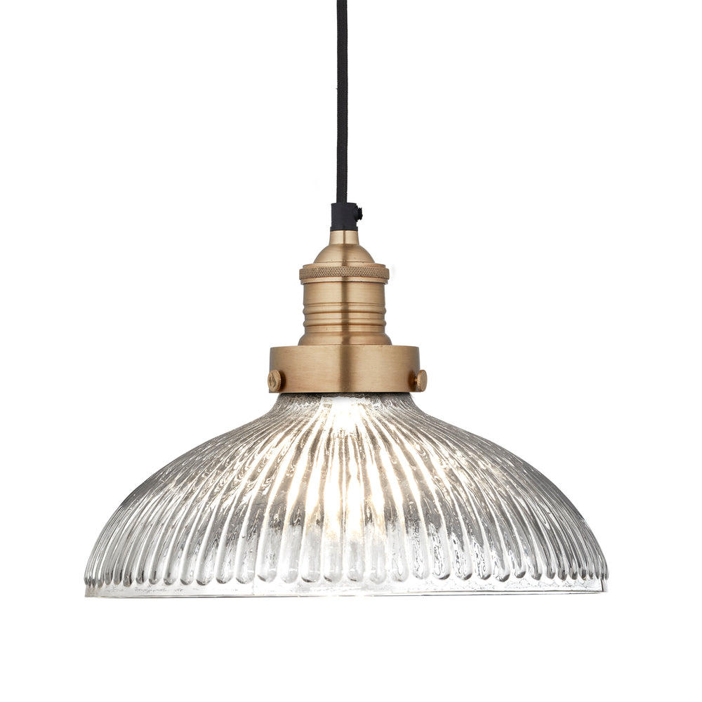 Industville - Brooklyn Pendant Light - Ribbed Glass Dome - 12 Inch - Brass Pendant Holder