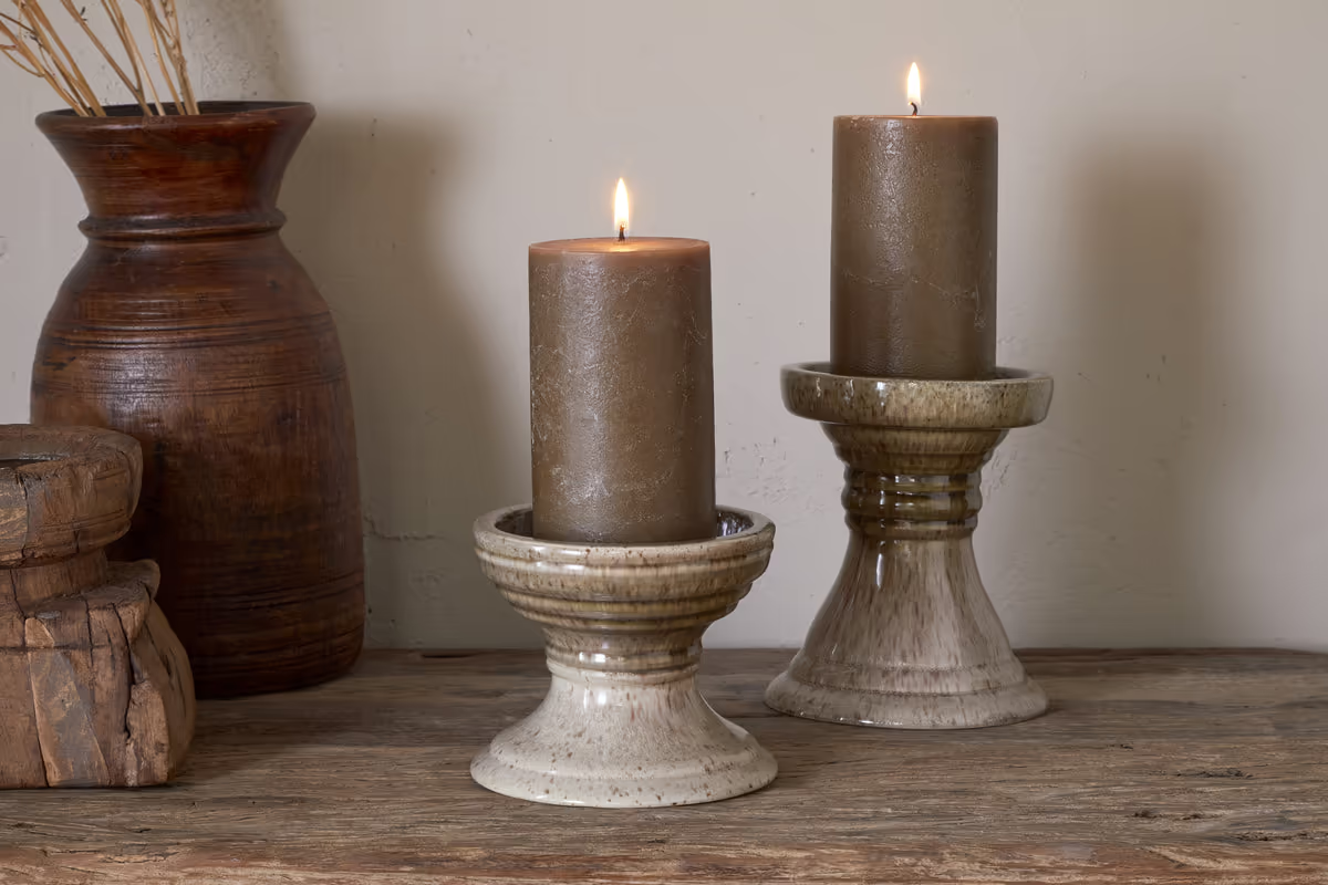 Nkuku - Cabra Reactive Glaze Candle Holder - Olive & Natural - Large