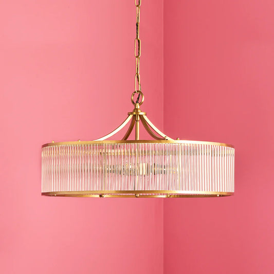 Pooky Athena Chandelier in Brass with Glass Rods and Frosted Glass Baffle