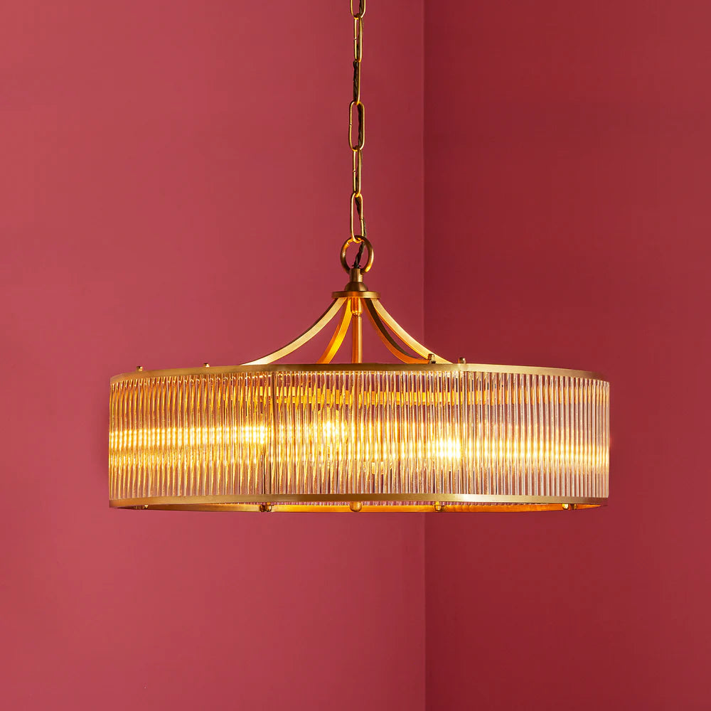 Pooky Athena Chandelier in Brass with Glass Rods and Frosted Glass Baffle