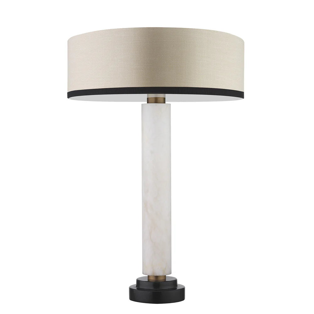 Northern Light - Crawford Table Lamp Ivory Shade - White Alabaster Old English Brass Finish - 16" Slim Drum Saxon Ivory Shade