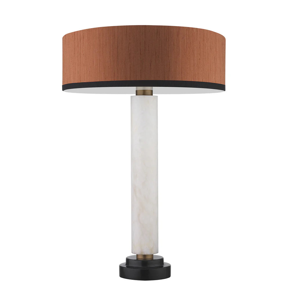 Northern Light - Crawford Table Lamp Pumpkin Shade - White Alabaster Old English Brass Finish - 16" Slim Drum Tussah Pumpkin With Black Trim Shade