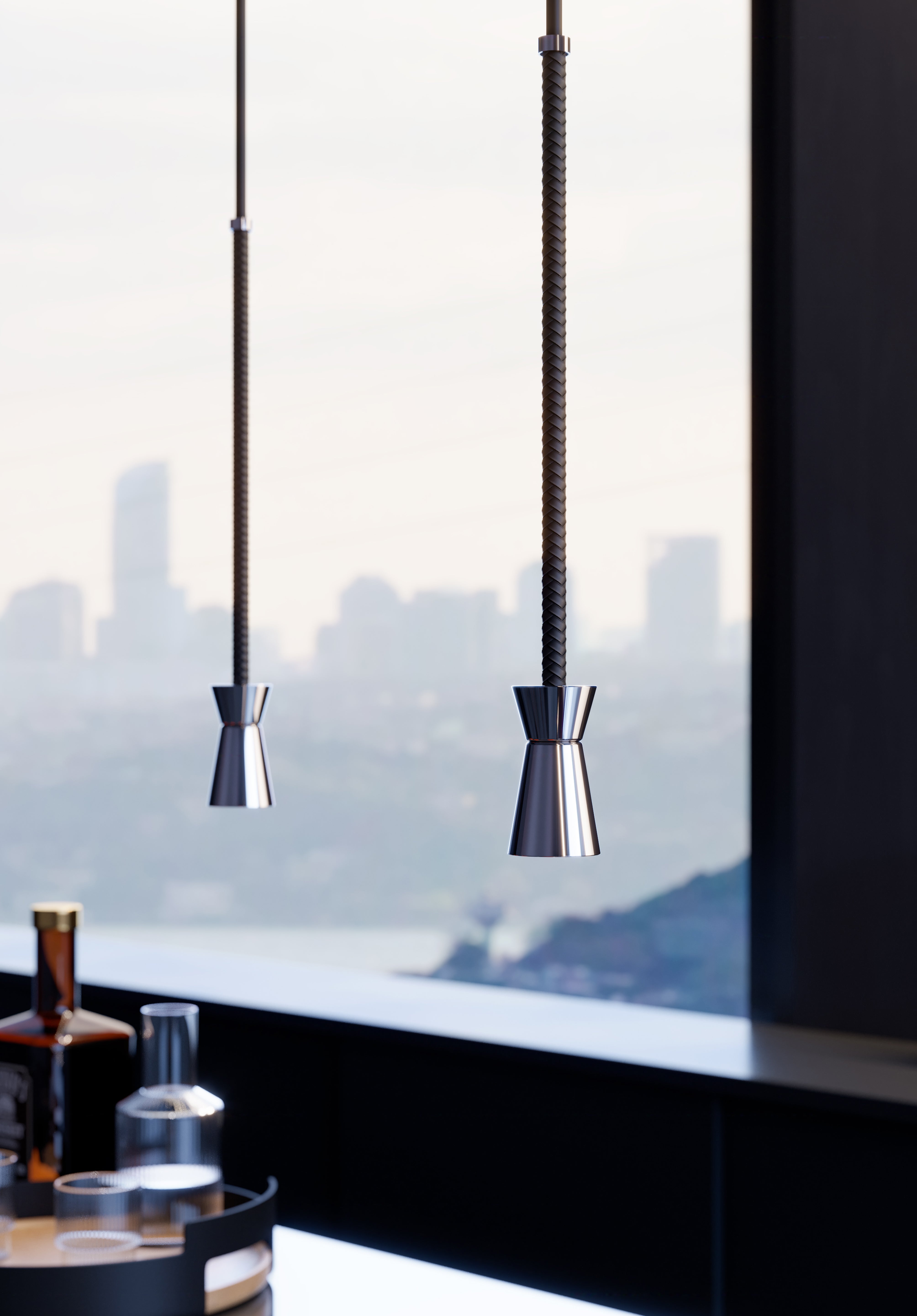 Contardi Lighting Fly Gin & Tonic Suspension Light - Polished Nickel - Dark brown braided leather