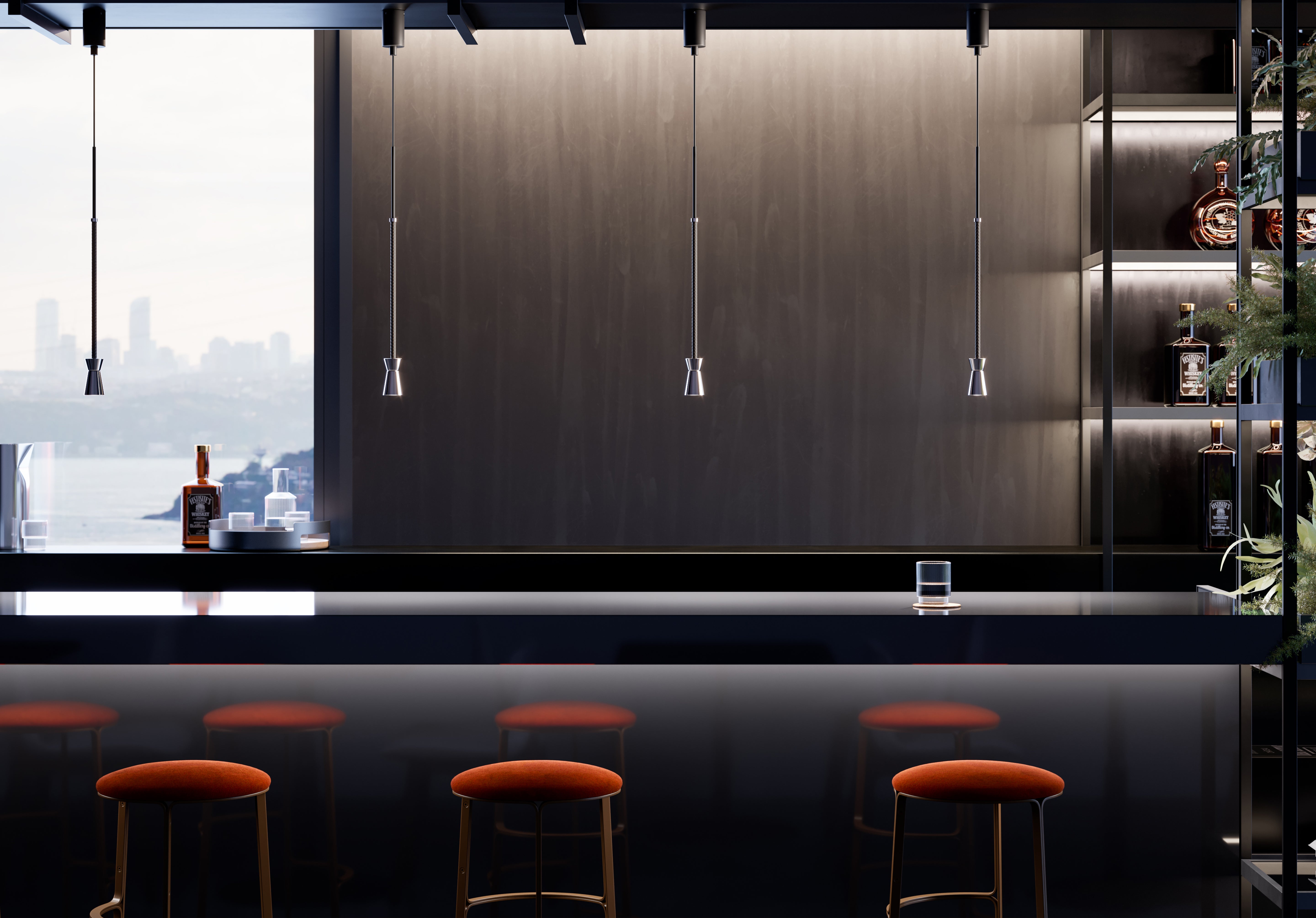 Contardi Lighting Fly Gin & Tonic Suspension Light - Polished Nickel - Dark brown braided leather