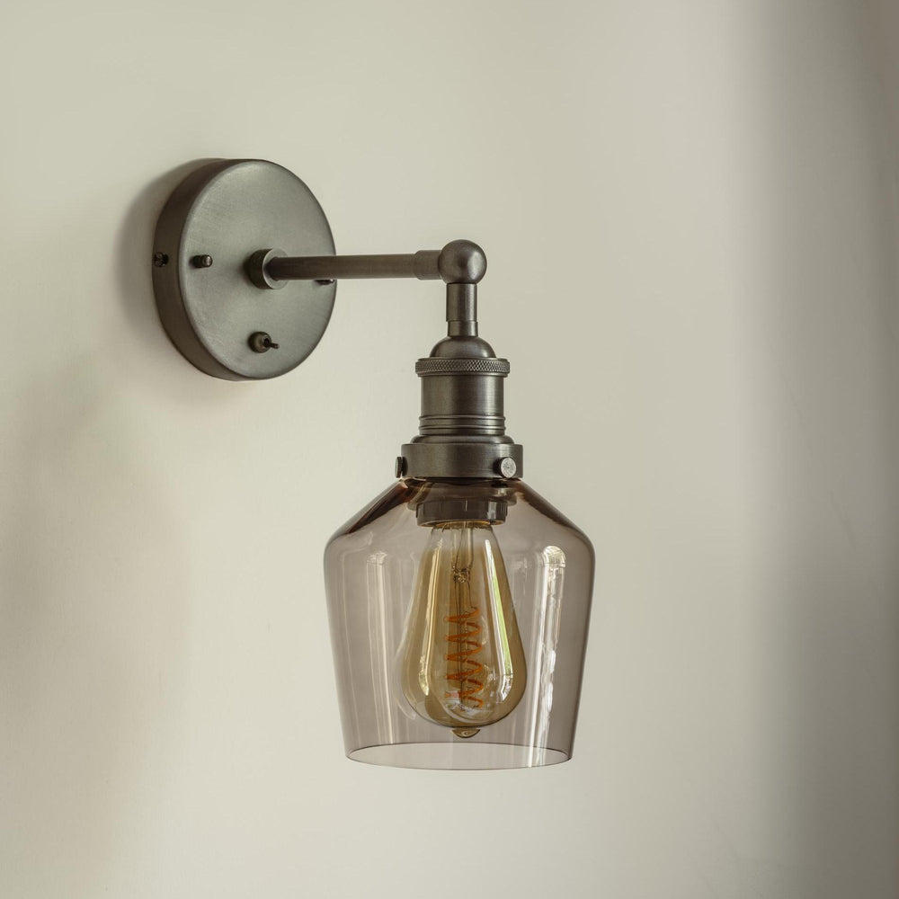 Industville - Brooklyn Wall Light - Mocha Glass Schoolhouse - 5.5 Inch - Pewter Wall Holder