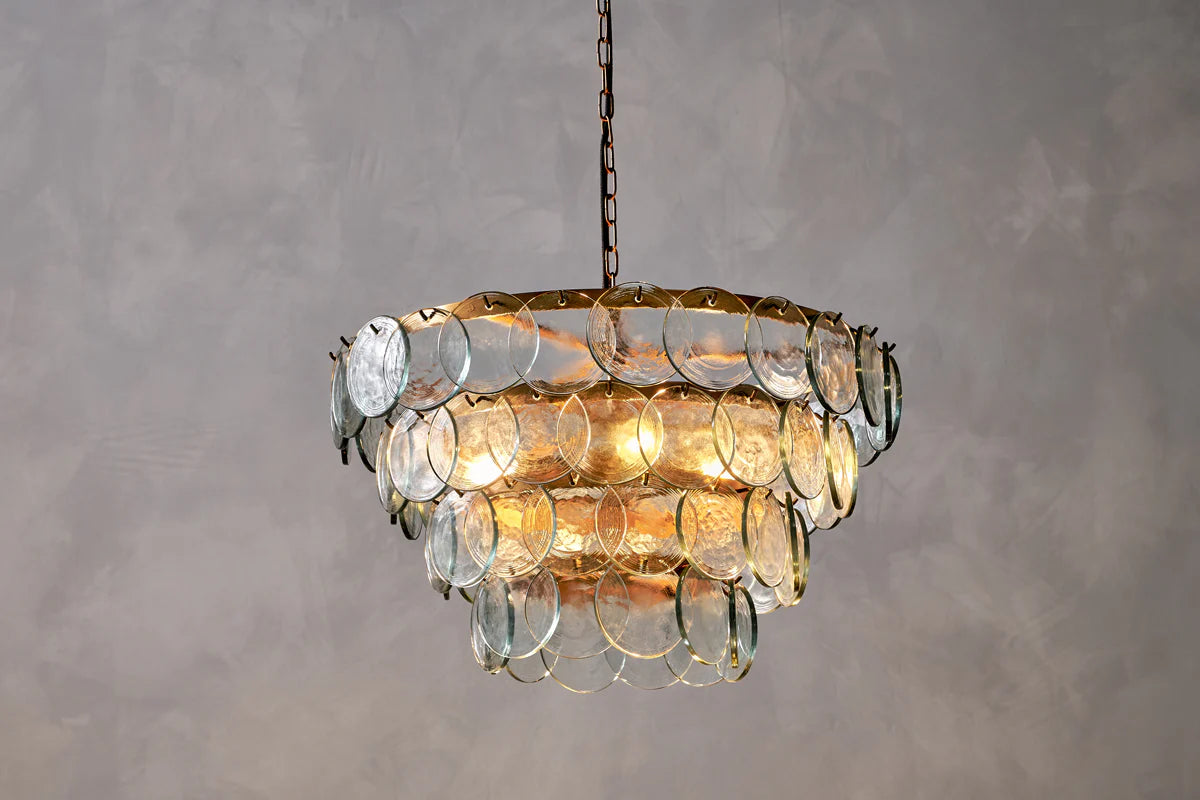 Nkuku Kagitha Recycled Glass Statement Chandelier - Antique Brass & Clear