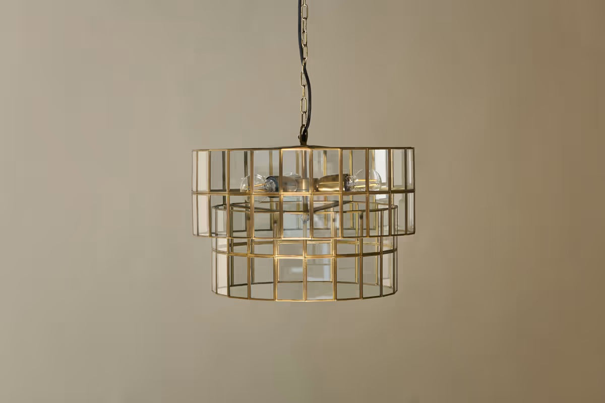 Nkuku Kirindi Glass Panelled Chandelier - Clear & Antique Brass