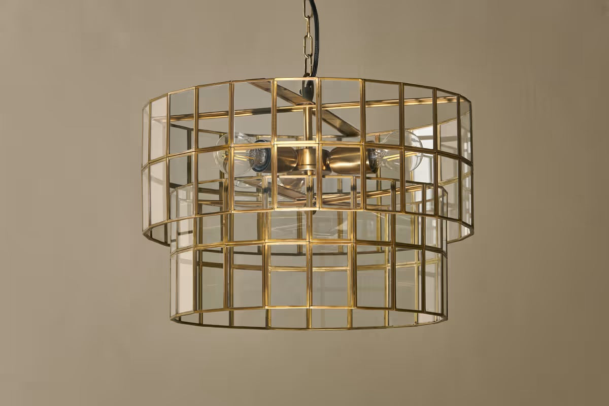 Nkuku Kirindi Glass Panelled Chandelier - Clear & Antique Brass