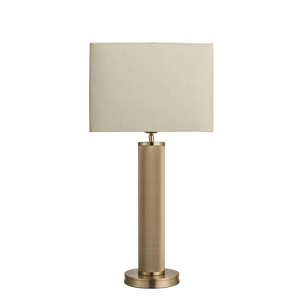 Industville - Knurled Pillar Table Lamp - Brass Base - Rounded Rectangle Cotton Lampshade