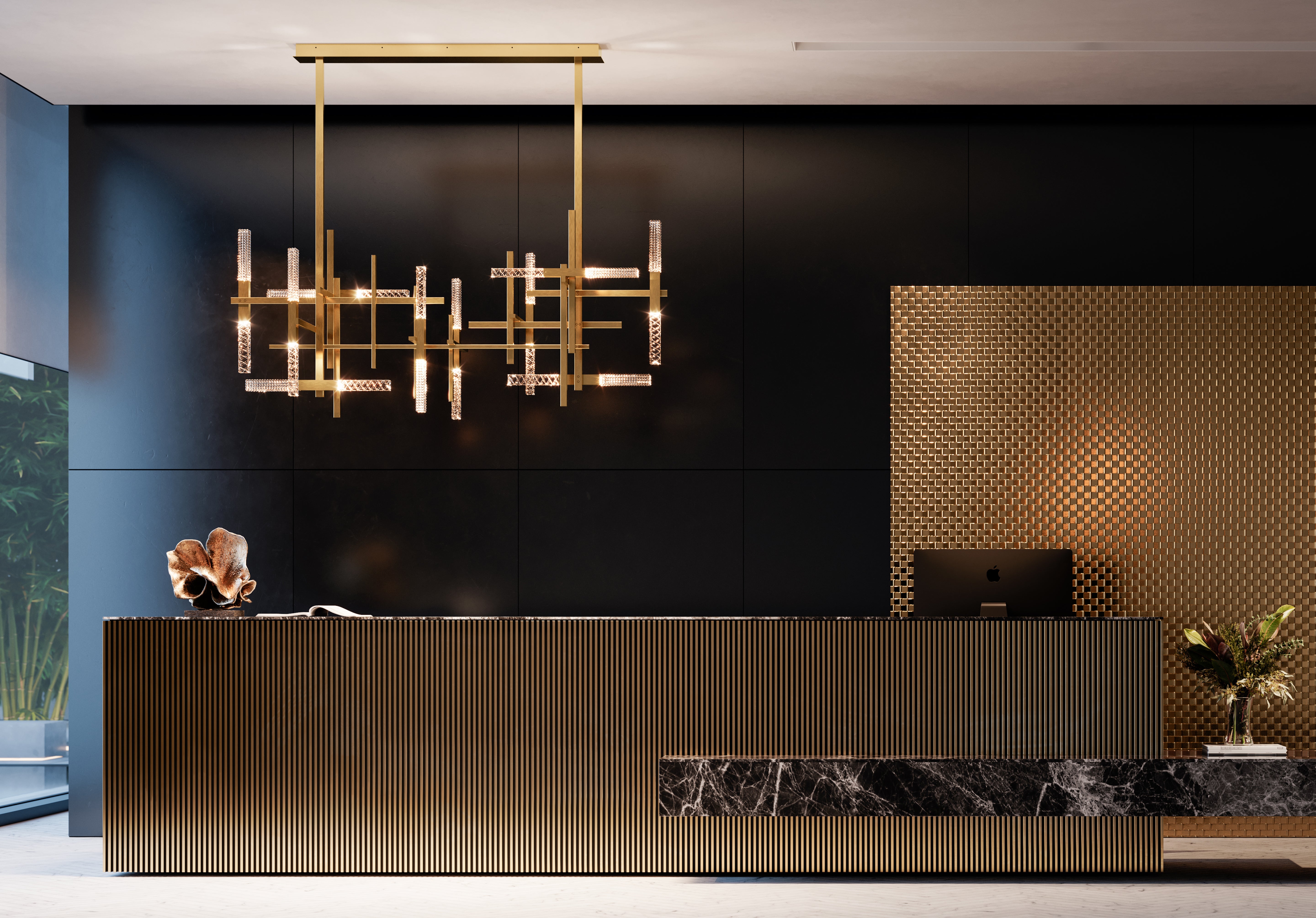 Contardi Lighting Mikado Double Suspension Lamp - H. 950 - Satin Brass - Transparent Crystal Engraved / Prismatic