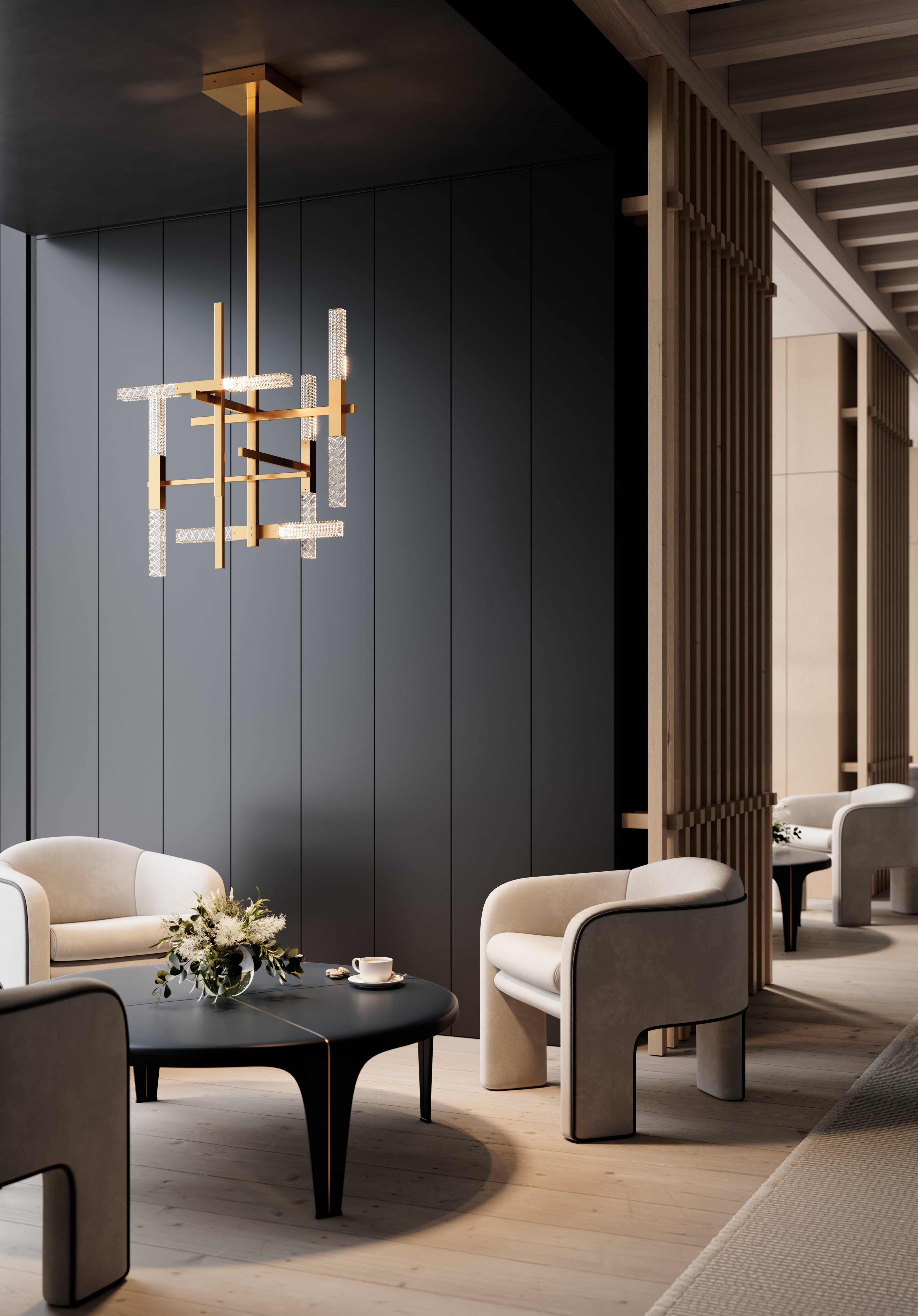 Contardi Lighting Mikado Suspension Lamp - H. 1450- Satin brass - Transparent Crystal Engraved / Prismatic