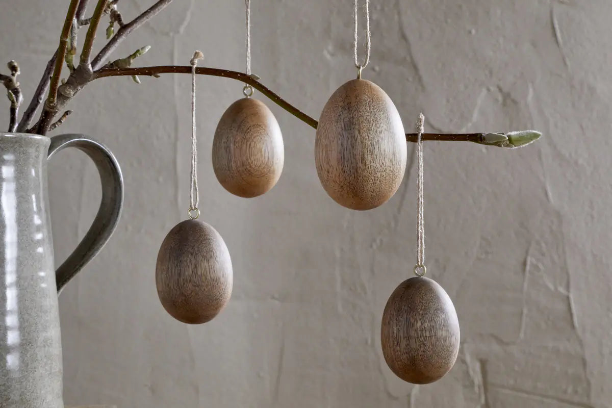Nkuku - Dima Mango Wood Hanging Egg Decoration - Natural - Set of 4