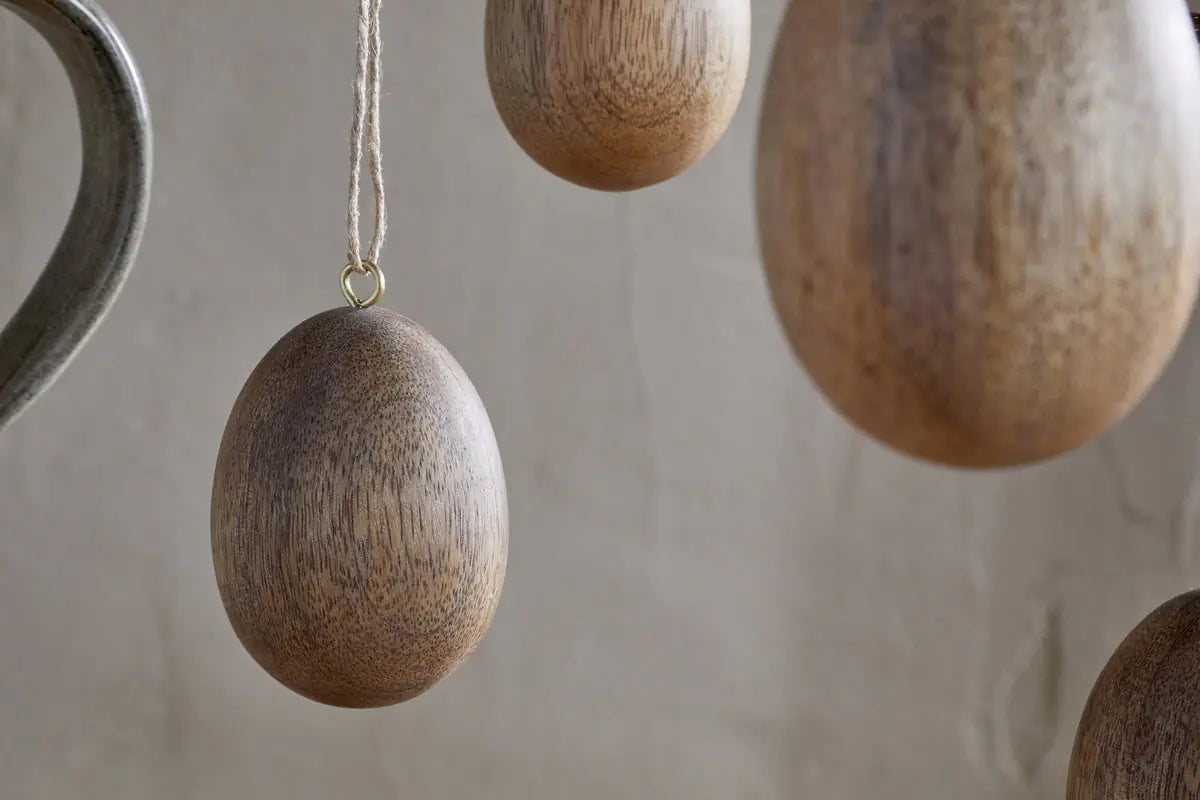 Nkuku - Dima Mango Wood Hanging Egg Decoration - Natural - Set of 4