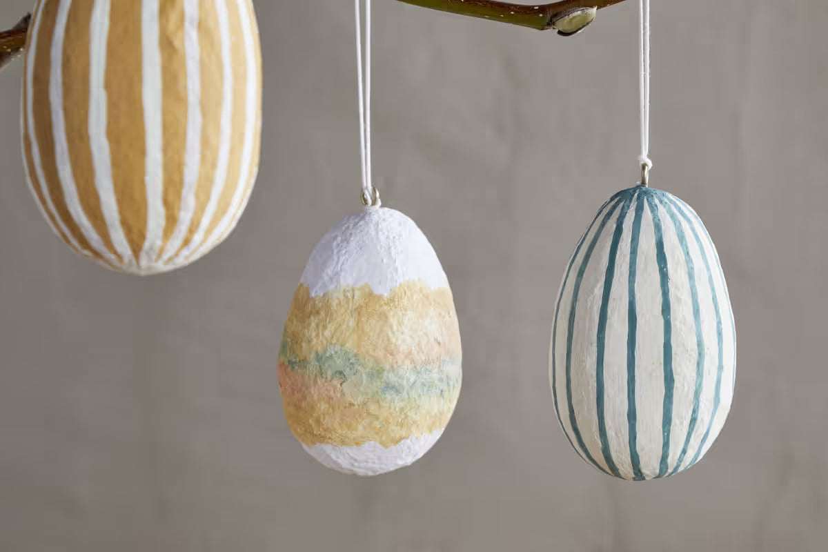Nkuku - Terra Hand Painted Recycled Cotton Paper Hanging Egg - Teal, Cream & Ochre - Set of 3