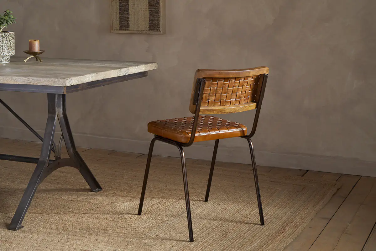 Nkuku - Amala Leather Weave & Iron Dining Chair - Aged Tan