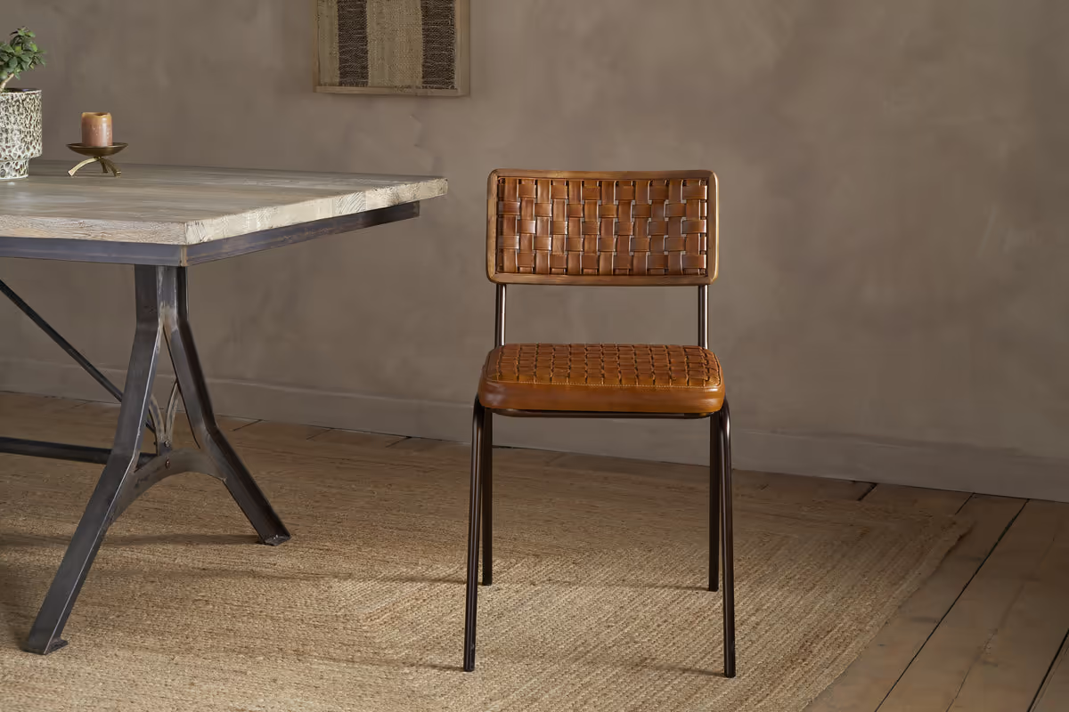 Nkuku - Amala Leather Weave & Iron Dining Chair - Aged Tan
