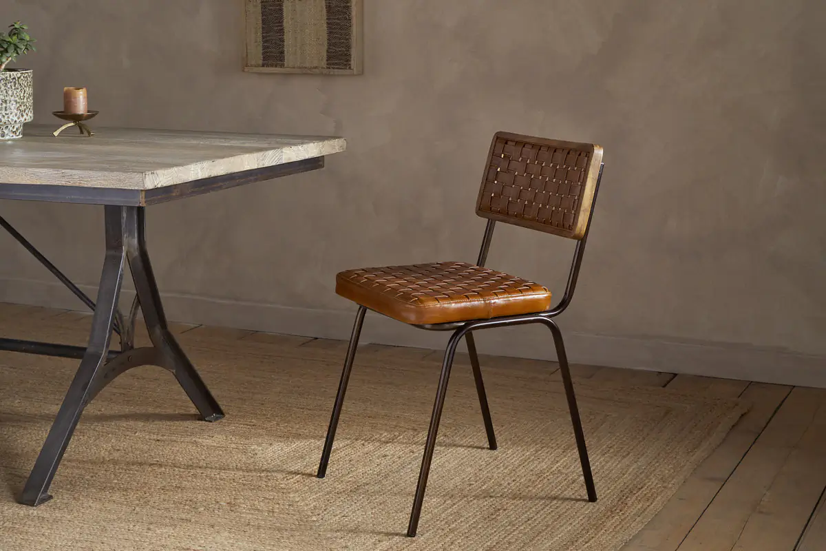 Nkuku - Amala Leather Weave & Iron Dining Chair - Aged Tan