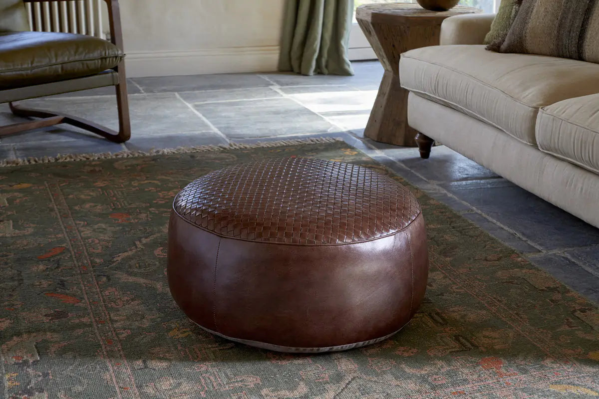 Nkuku - Farida Leather Weave Pouf - Chocolate Brown