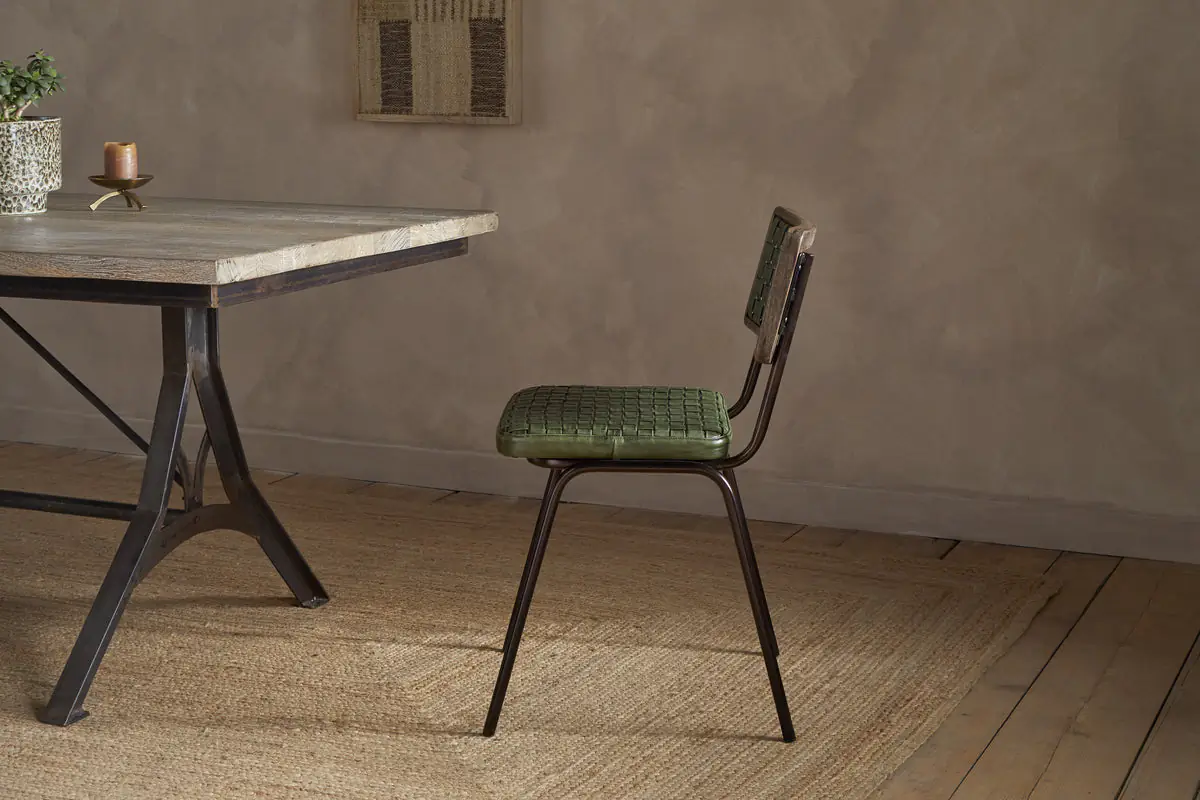 Nkuku - Amala Leather Weave & Iron Dining Chair - Rich Green