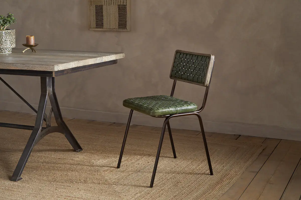 Nkuku - Amala Leather Weave & Iron Dining Chair - Rich Green