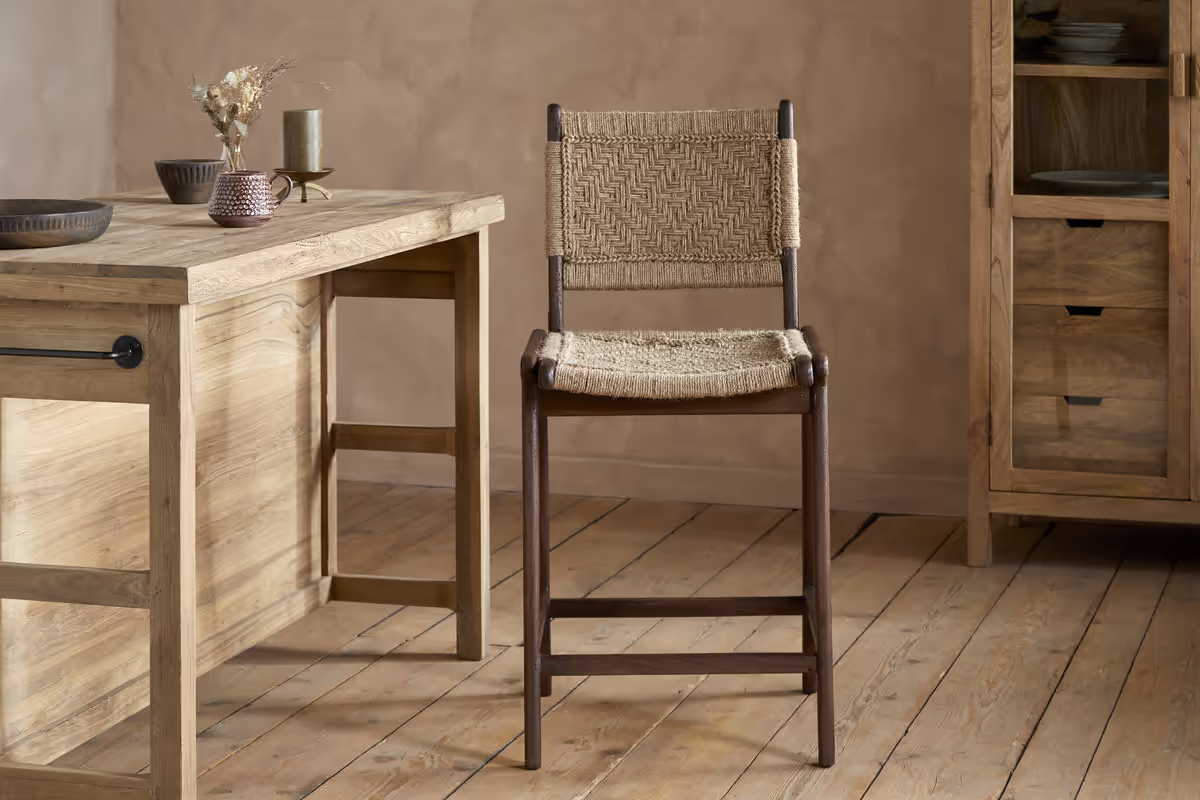 Nkuku - Vinay Jute & Wood Woven Counter Chair - Chocolate Brown