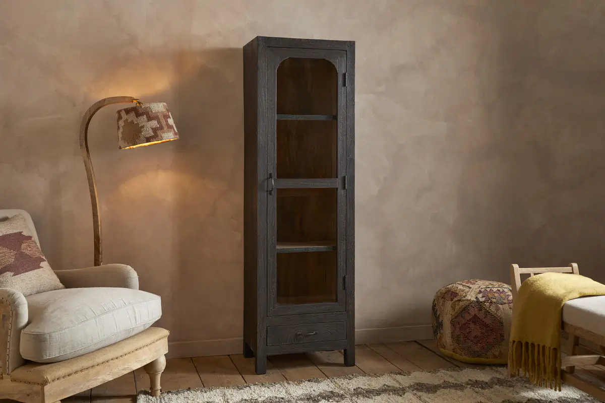Nkuku - Valin Mango Wood & Glass Cabinet - Charcoal - Tall