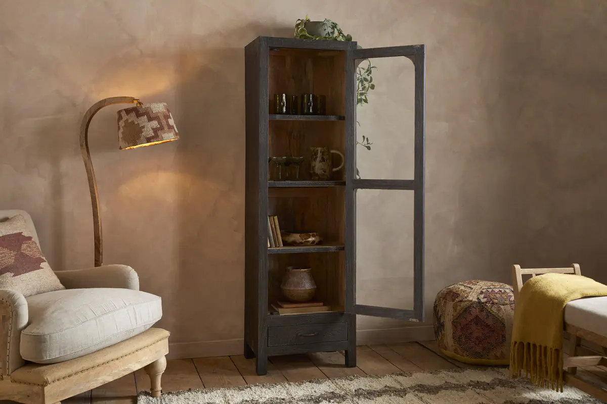 Nkuku - Valin Mango Wood & Glass Cabinet - Charcoal - Tall