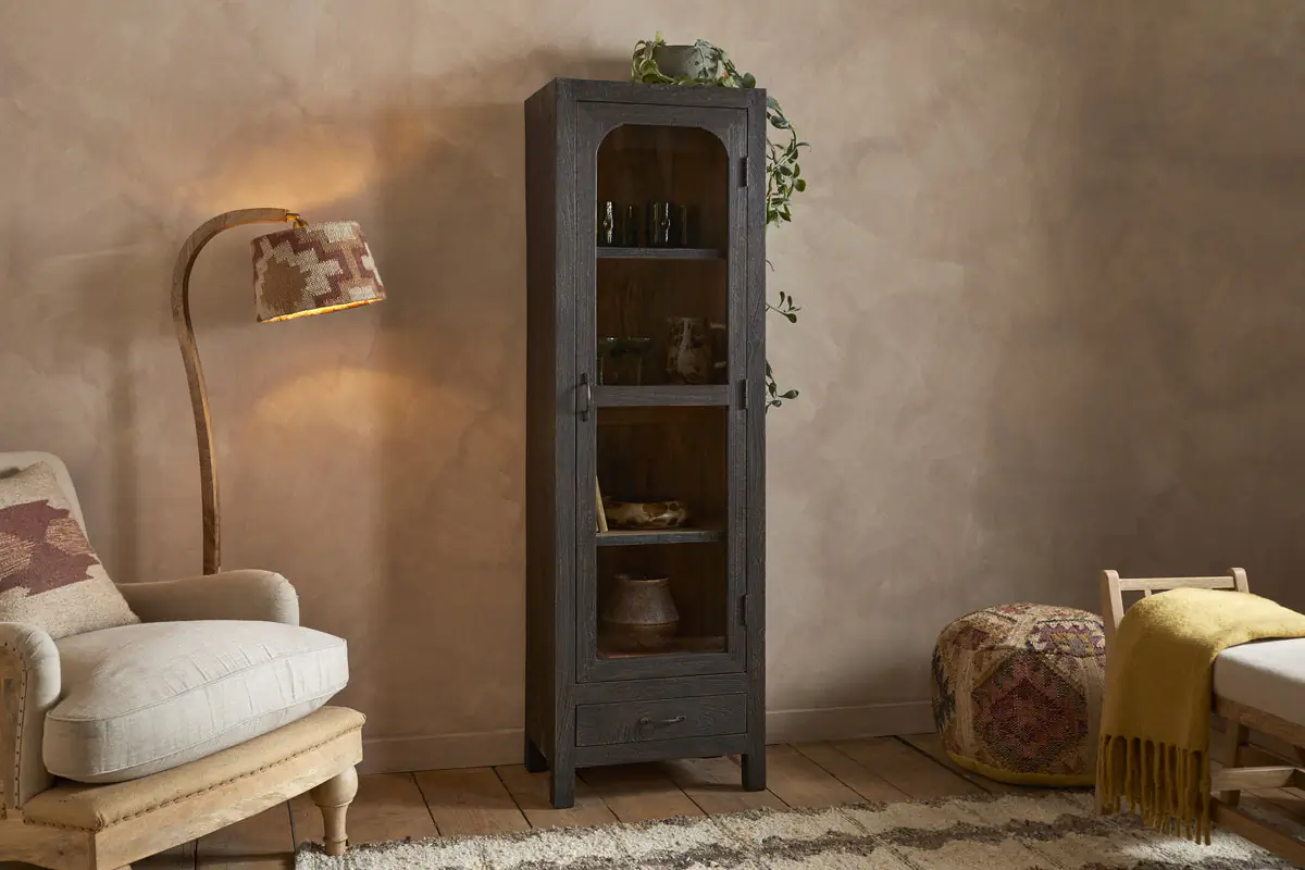 Nkuku - Valin Mango Wood & Glass Cabinet - Charcoal - Tall