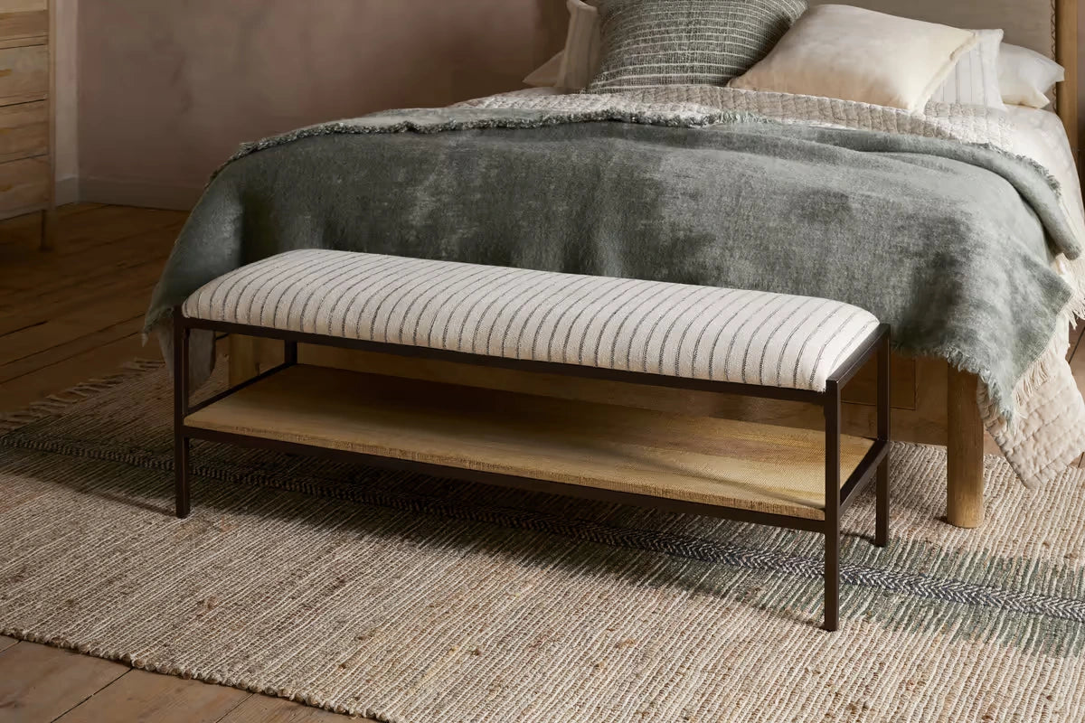 Nkuku - Sanja Cotton Upholstered Bench - Charcoal & Natural