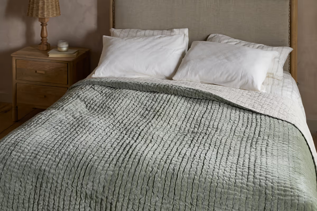Nkuku - Nidra Velvet & Linen Bed Quilt - Sage Green