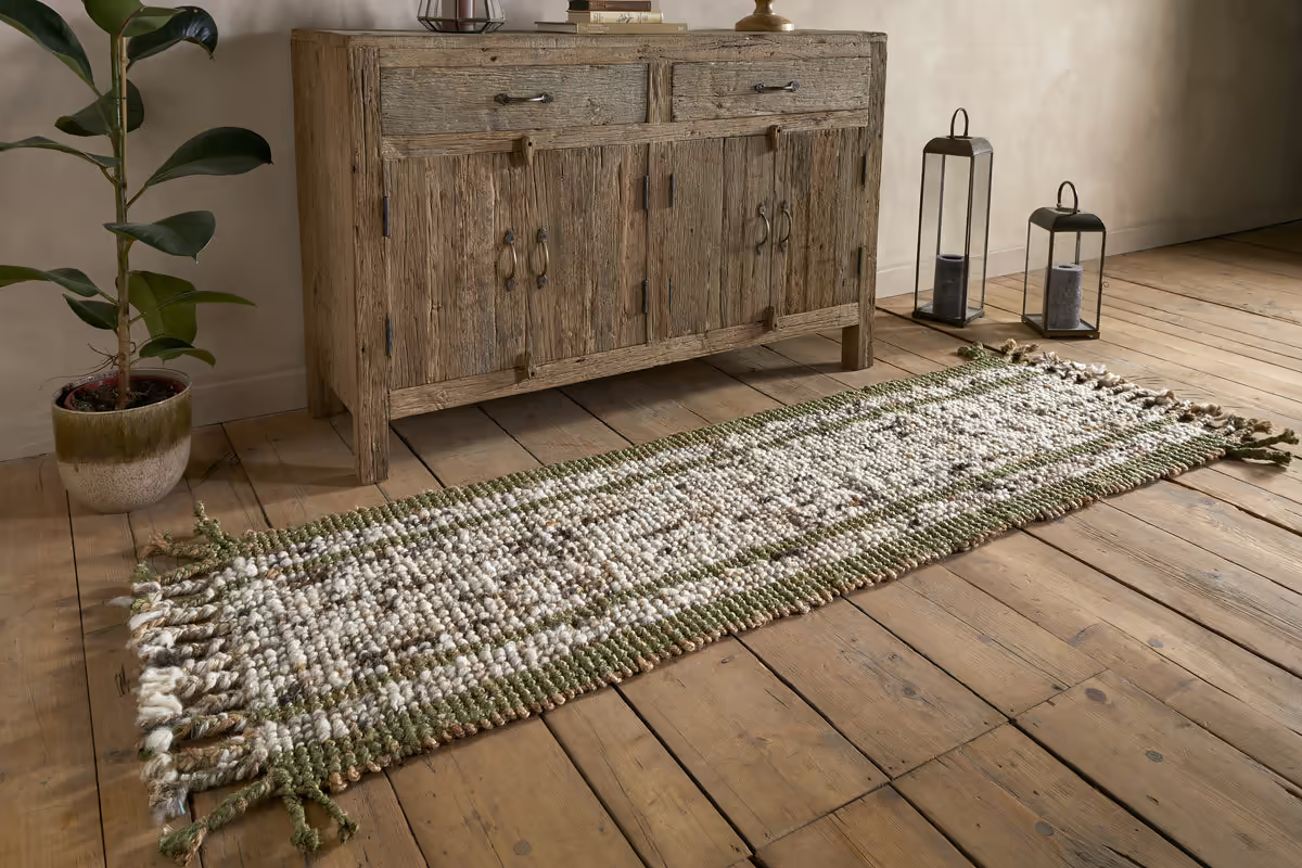 Nkuku - Kanta Jute & Textural Tweed Runner - Olive Green