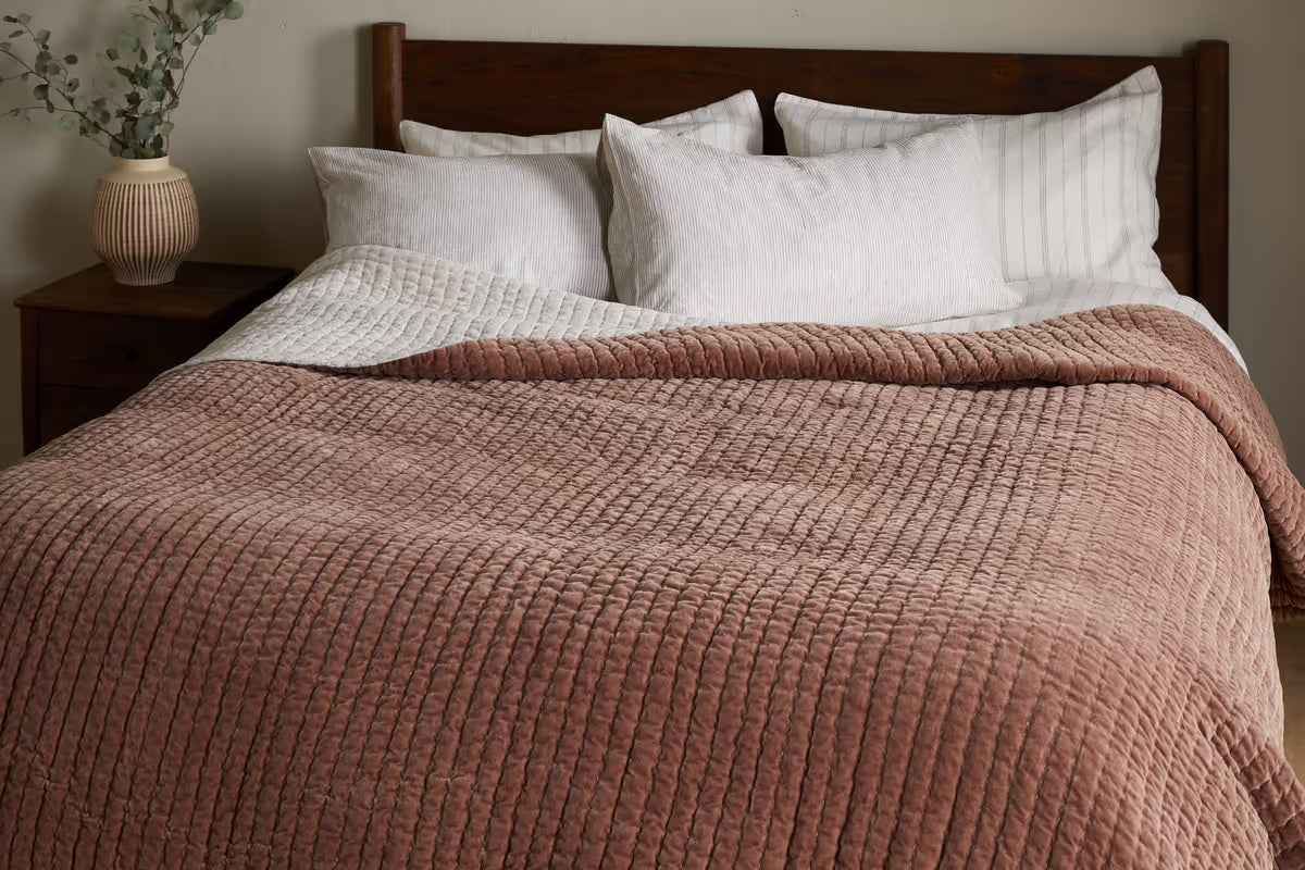 Nkuku - Nidra Velvet & Linen Bed Quilt - Rust