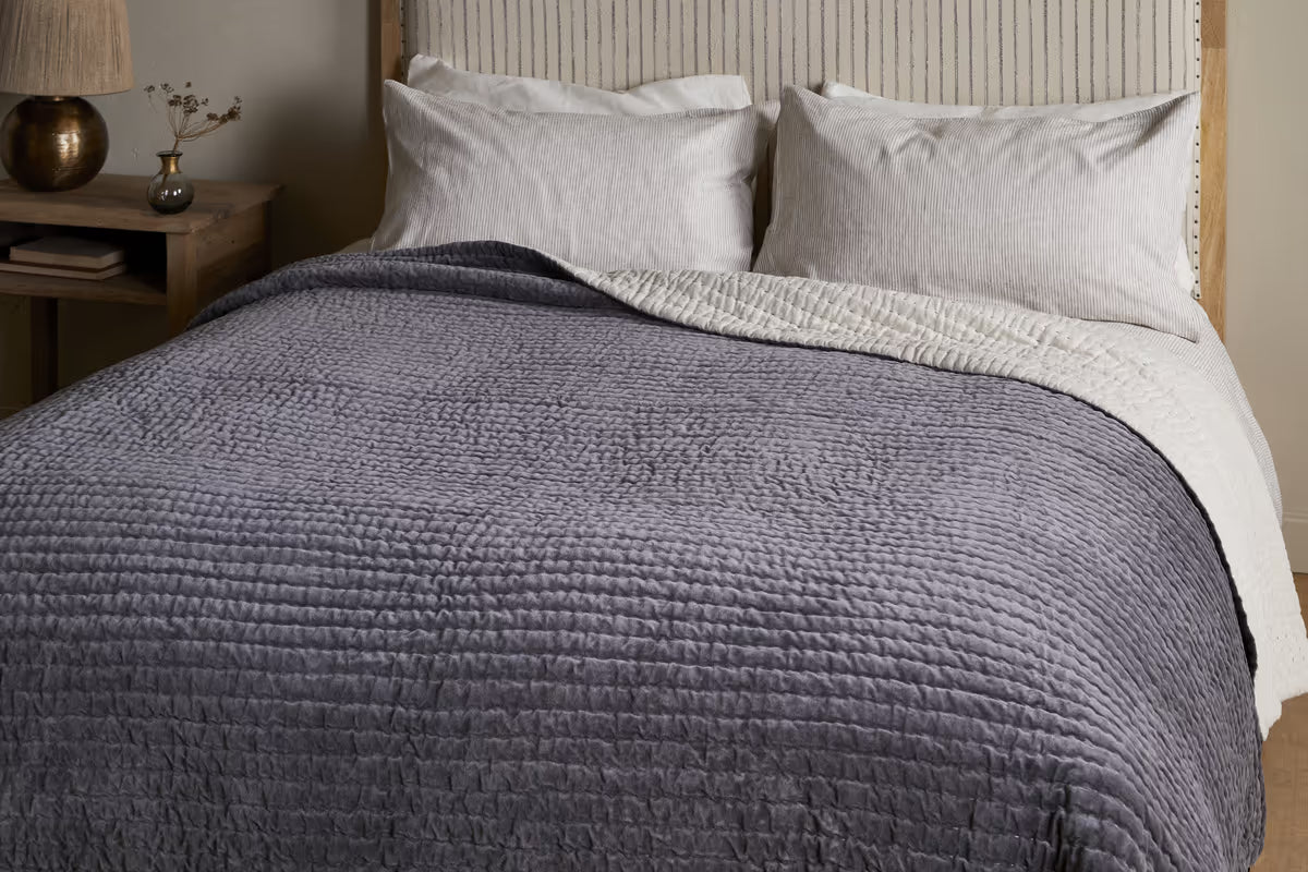 Nkuku - Nidra Velvet & Linen Bed Quilt - Charcoal