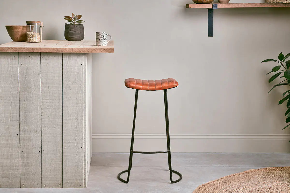 Nkuku - Narwana Ribbed Leather Stool - Aged Tan - Large