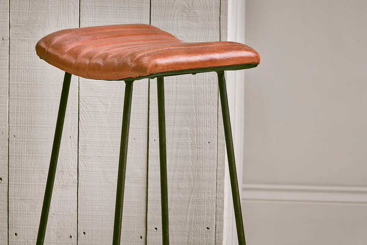 Nkuku - Narwana Ribbed Leather Stool - Aged Tan - Large