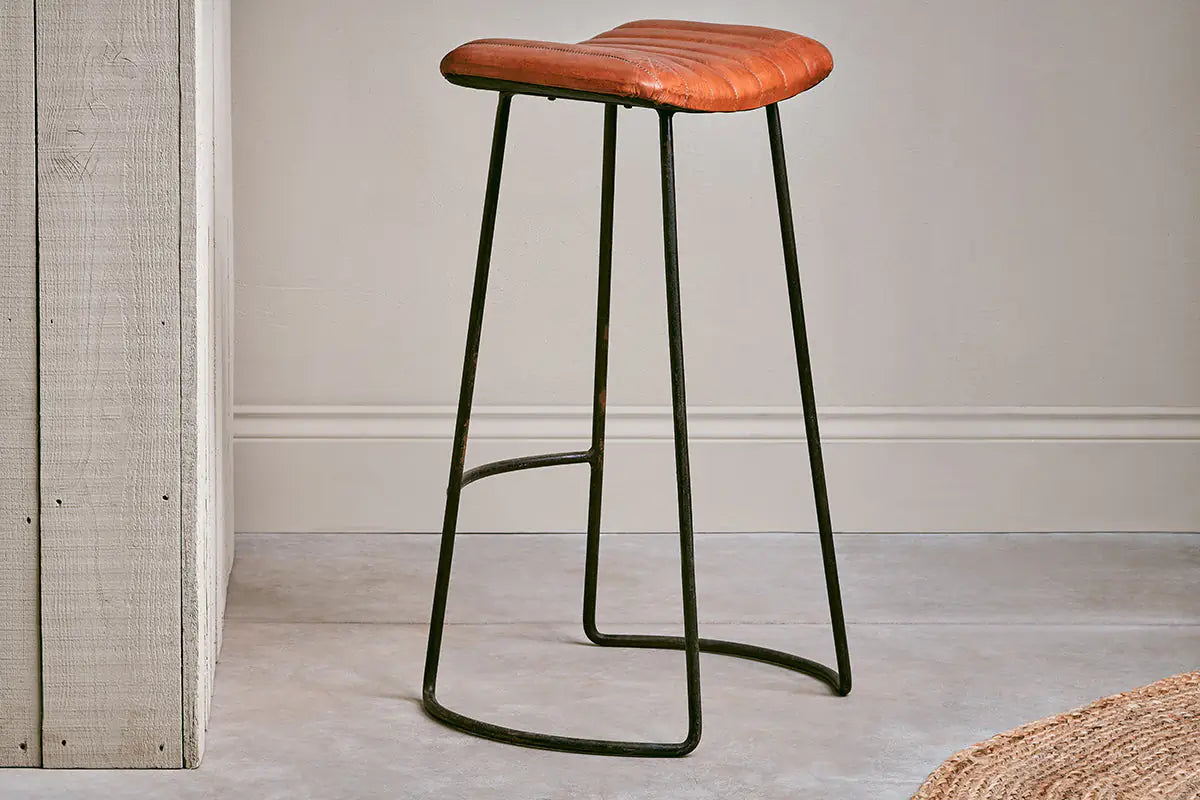 Nkuku - Narwana Ribbed Leather Stool - Aged Tan - Large