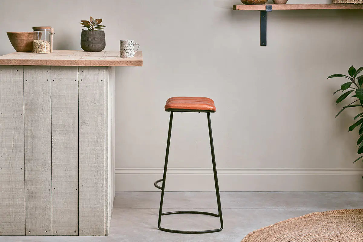 Nkuku - Narwana Ribbed Leather Stool - Aged Tan - Large
