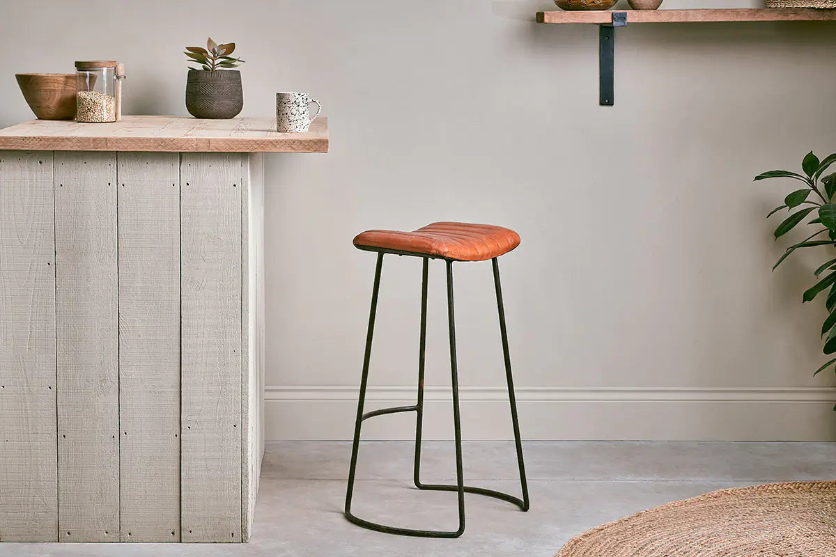 Nkuku - Narwana Ribbed Leather Stool - Aged Tan - Large