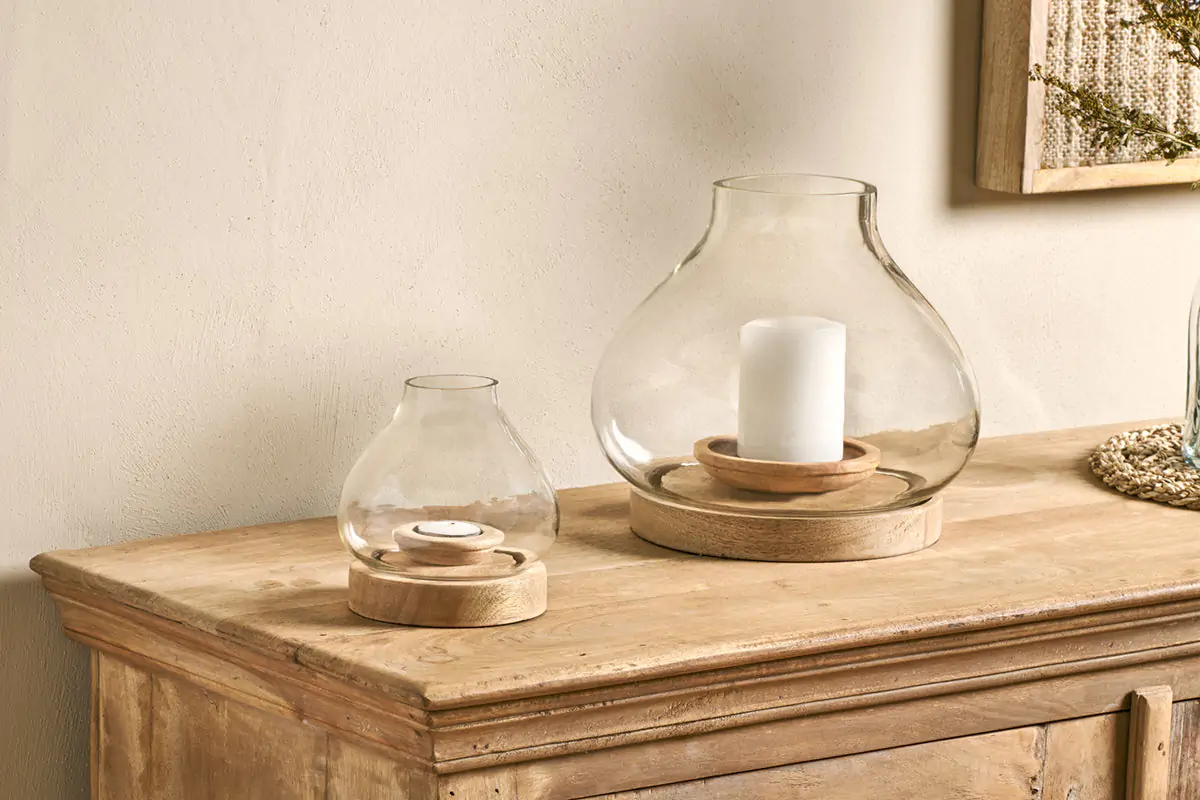 Nkuku - Naryla Mango Wood Lantern - Natural - Small 14 x 13cm (dia)