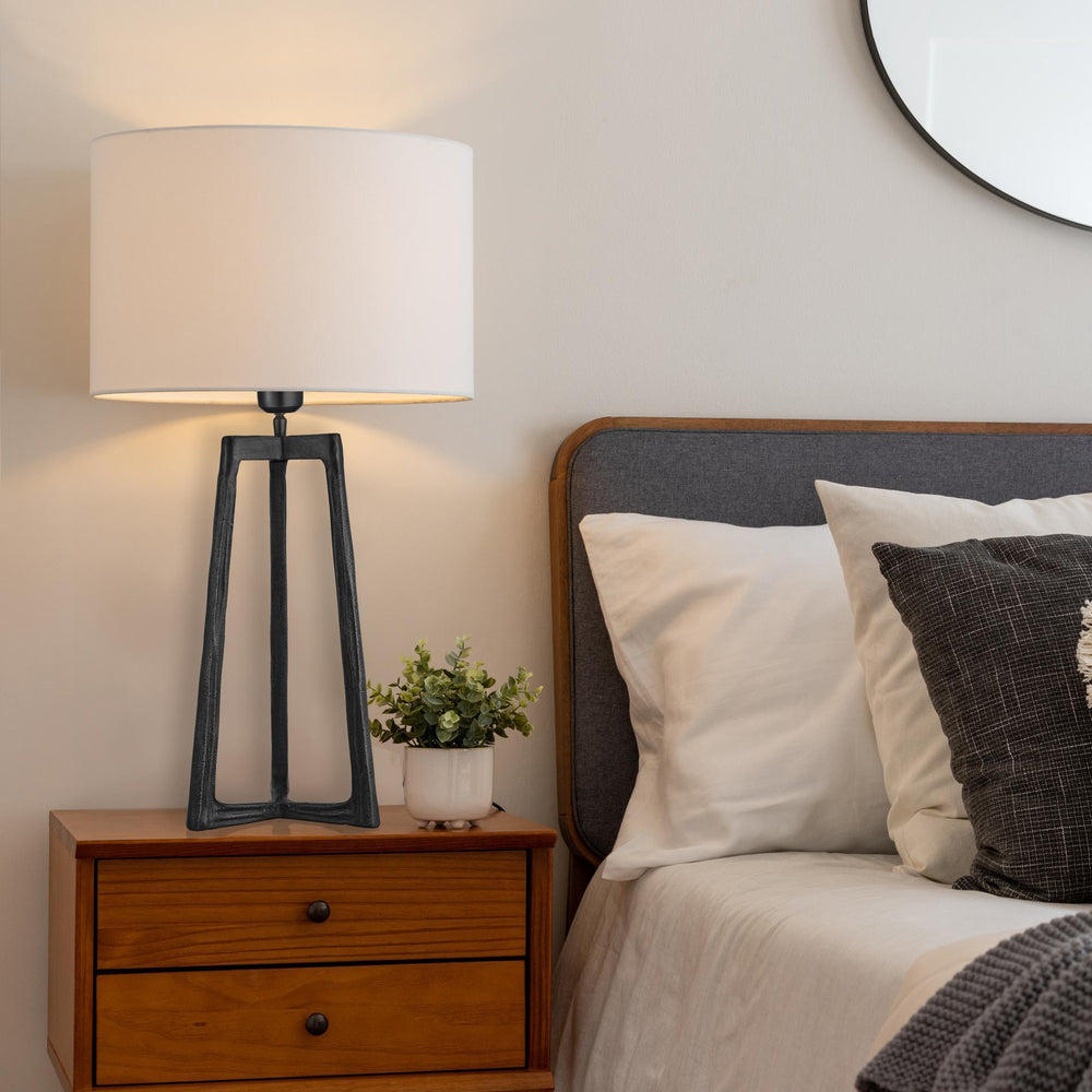 Industville - Ornate Tripod Table Lamp - Pewter Base - Drum Cotton Shade