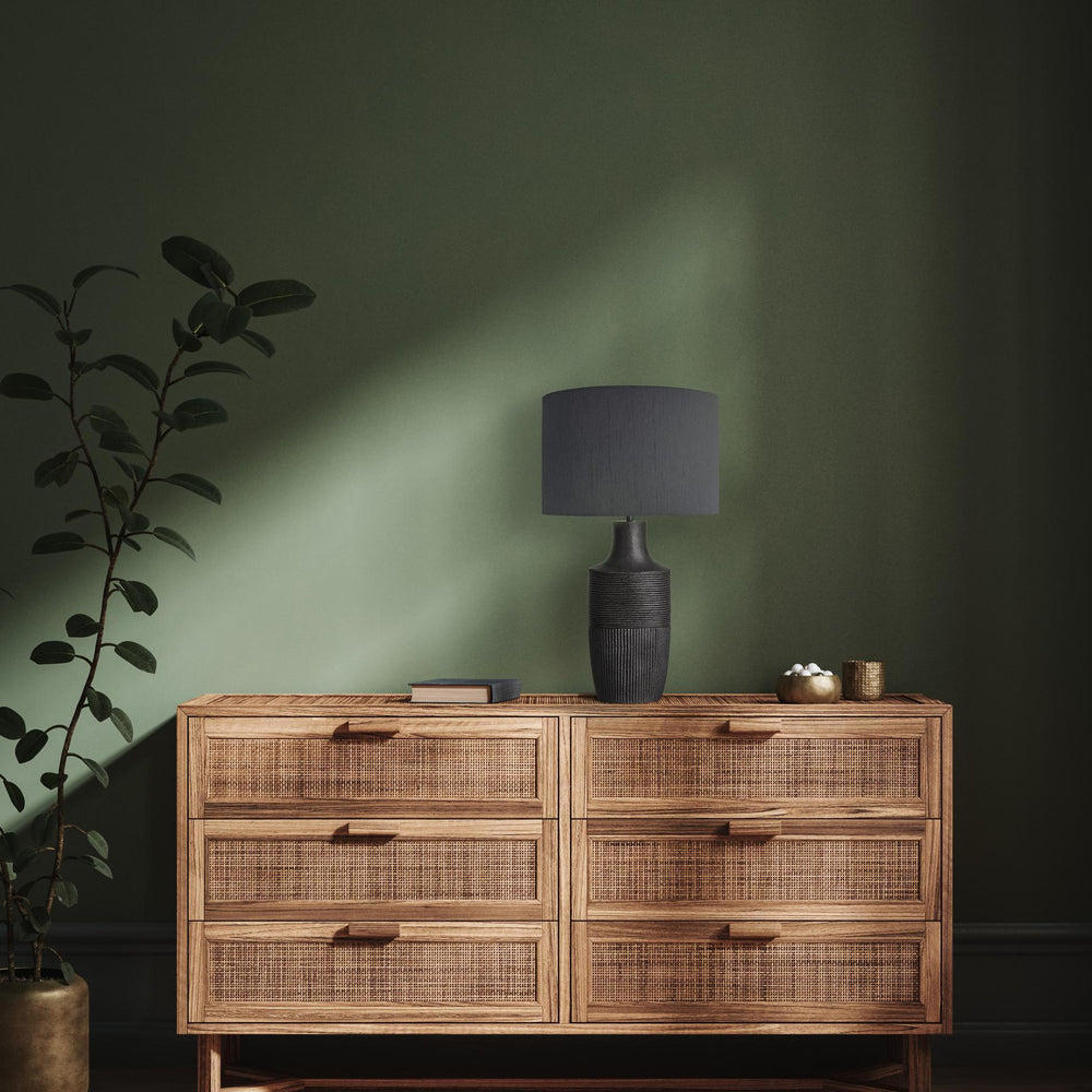 Industville - Ornate Vase Table Lamp - Pewter base - Light Natural Drum Medium Lampshade